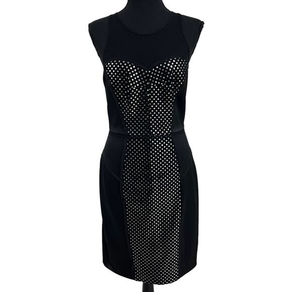 Milly Black Silver Sleeveless Polka Dot Mesh Leather Cocktail Dress Womens 4 - Picture 1 of 6